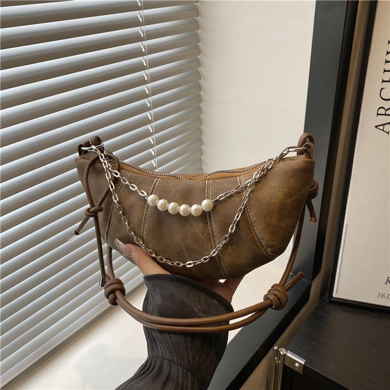 Fashion Trend Pearl Chain Decorative Croissant Popular Solid Color Canvas Shoulder Crossbody Bag Women's Bag