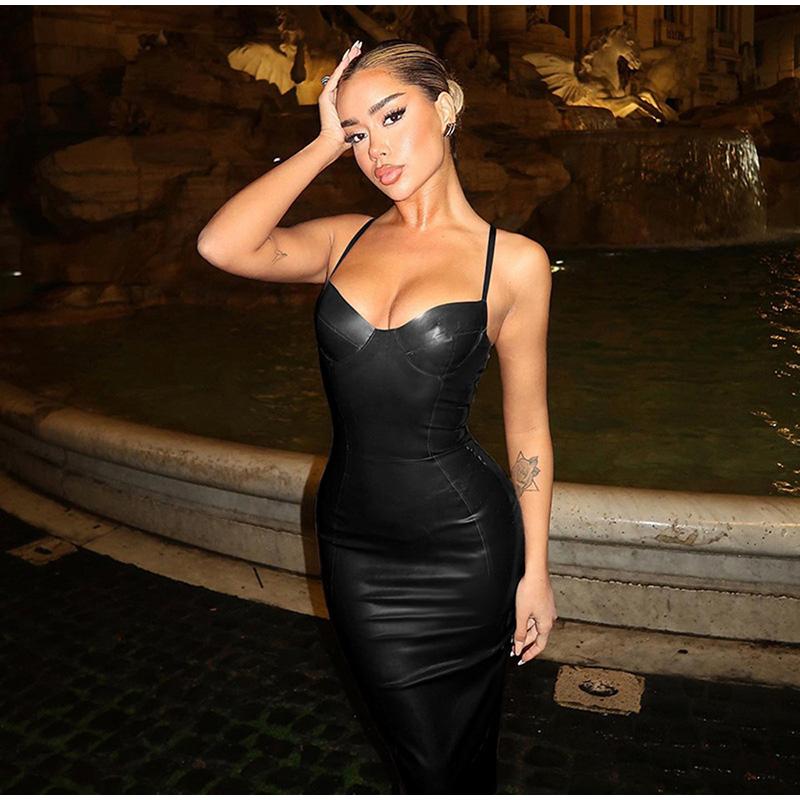 Sexy Einfarbig Leder Party Kleid Frauen Schlank Ärmelloses Backless Hüfte Paket Lange Sling Kleider 2025 Frühling Sommer Dame Kleid
