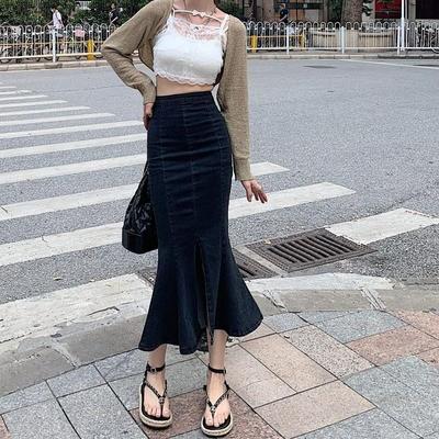 Black High-waisted Female Slim Versatile Open Split Elastic Package Hip Mid-length Fishtail Skirt Versatile Comfortable Fashion Denim Bustier Skirt