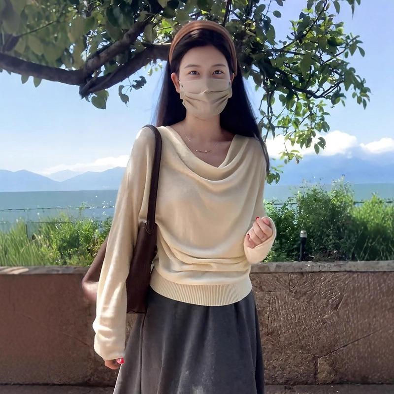 Großgröße schwingender Kragen One-Shoulder Langarm Strickpullover Damen Herbst Neu Fett MM faul und dünn Temperament Oberteil