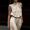 Completo Pantaloni da Donna Colore Unico Mezzo Collo Monospalla Senza Maniche Camicie Allacciatura Pantaloni Gamba Larga Donna 2025 Estate Nuovi Abbigliamento da Strada Donna