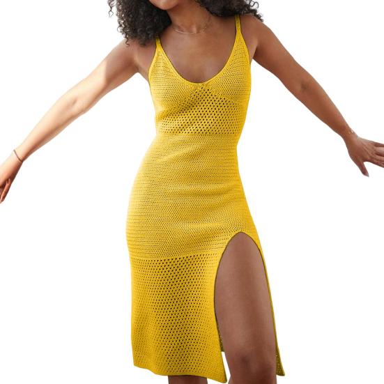 Women's Crochet Bodycon Dress Summer Knit Sleeveless Tank Dress High Slit Midi Dress Beach Cover Up Hollow Out Sundress