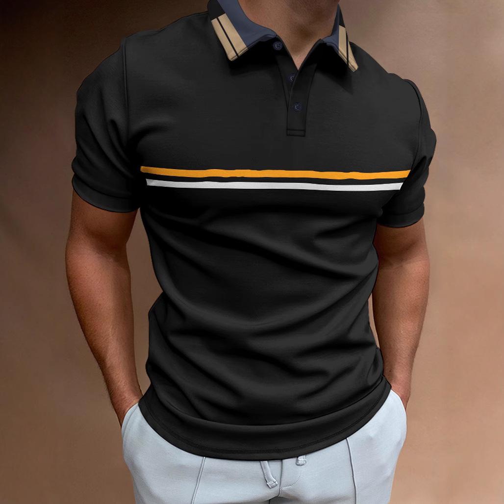 

POLO Shirt Button Splicing Striped Men s Sports Thread Collar Top S чорний