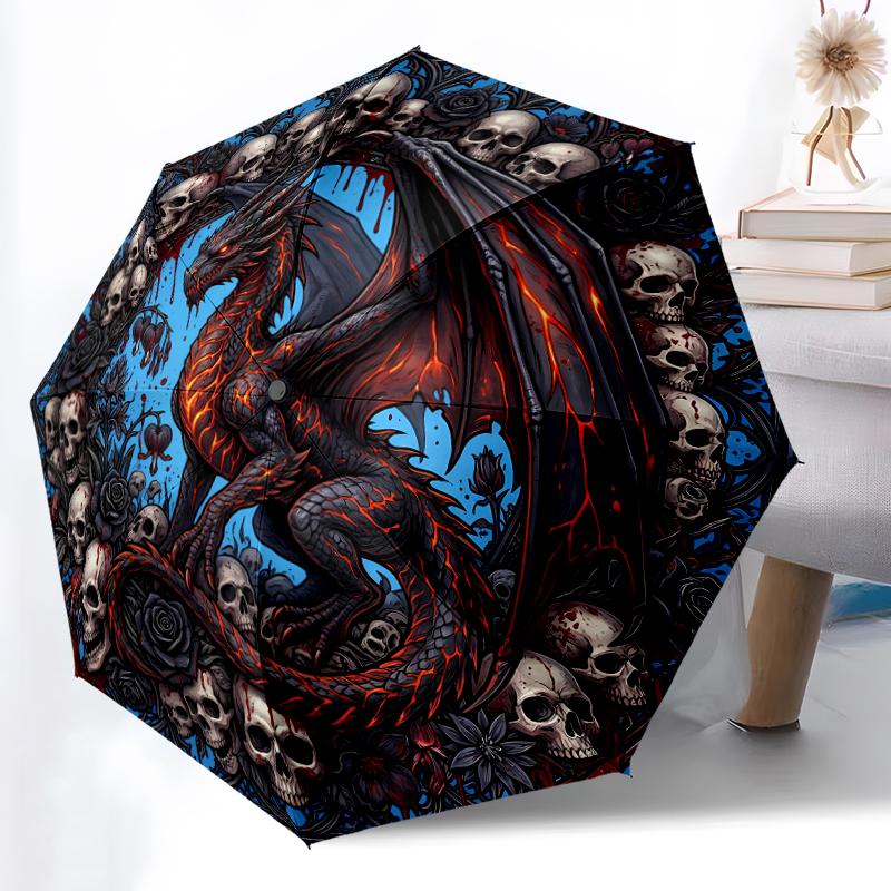 1pc Sturdy 8-Bone Auto Umbrella, Ancient Green Dragon Umbrella, Digital Printed, Foldable Umbrella for On-the-Go Outdoor Use