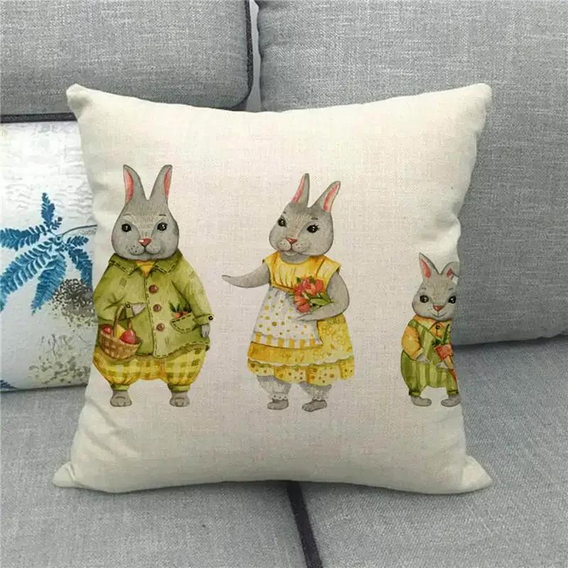 Easter Cushion Cover Cute Bunny Eggs Printed Pillow Covers 18x18 Inches Easter Decorations Hare Rabbit Flower Linen Pillowcase