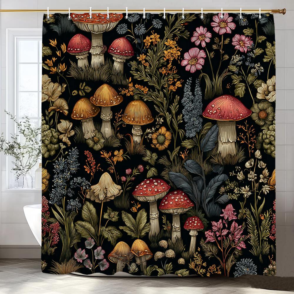 Duschdraperi med Växter och Blommor och Svampar, Blommig Botanisk Vintage Bohemisk Stil Badrum Dekorativt Duschdraperi