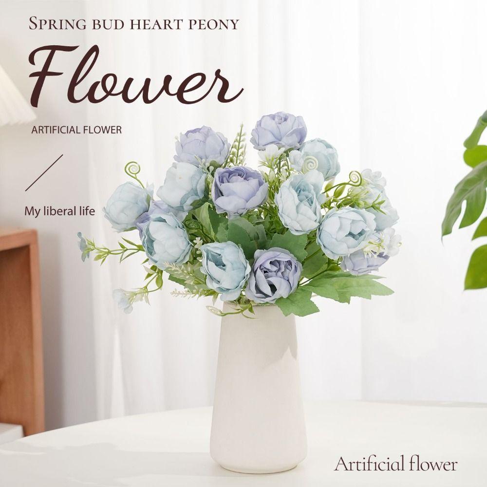 7 Peony Buds Artifiical Flower Branch 30cm Height Flexible Stems Roses Fake Flower with Green Leaves Wedding Bouquet