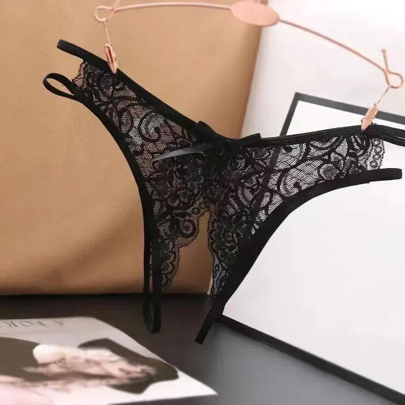 Sexy Lingerie Women's Panties Crotch Opening Transparent G-strings Thongs Solid Bowknot Underwear for Ladies Women Lace Pantys