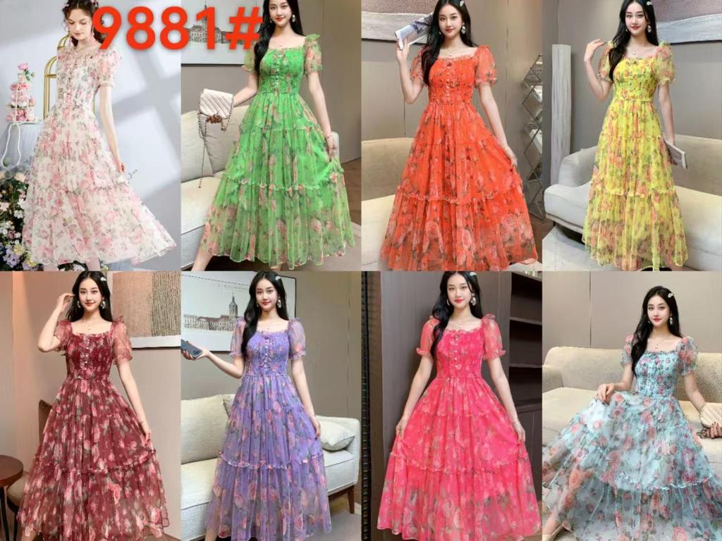 Abito Retrò Francese Floreale in Chiffon con Vita Cinciurata, Manica a Sbuffo Monospalla e Gonna in Rete