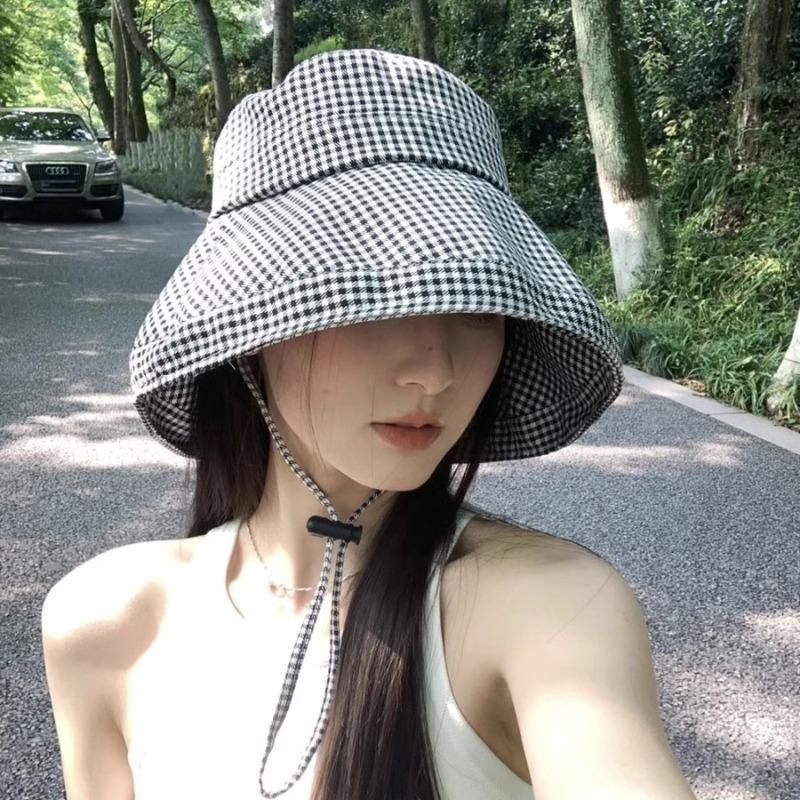 Zhao Ruth plaid bucket hat small fresh lace-up sun hat big brim summer sun protection hat women's sun hat