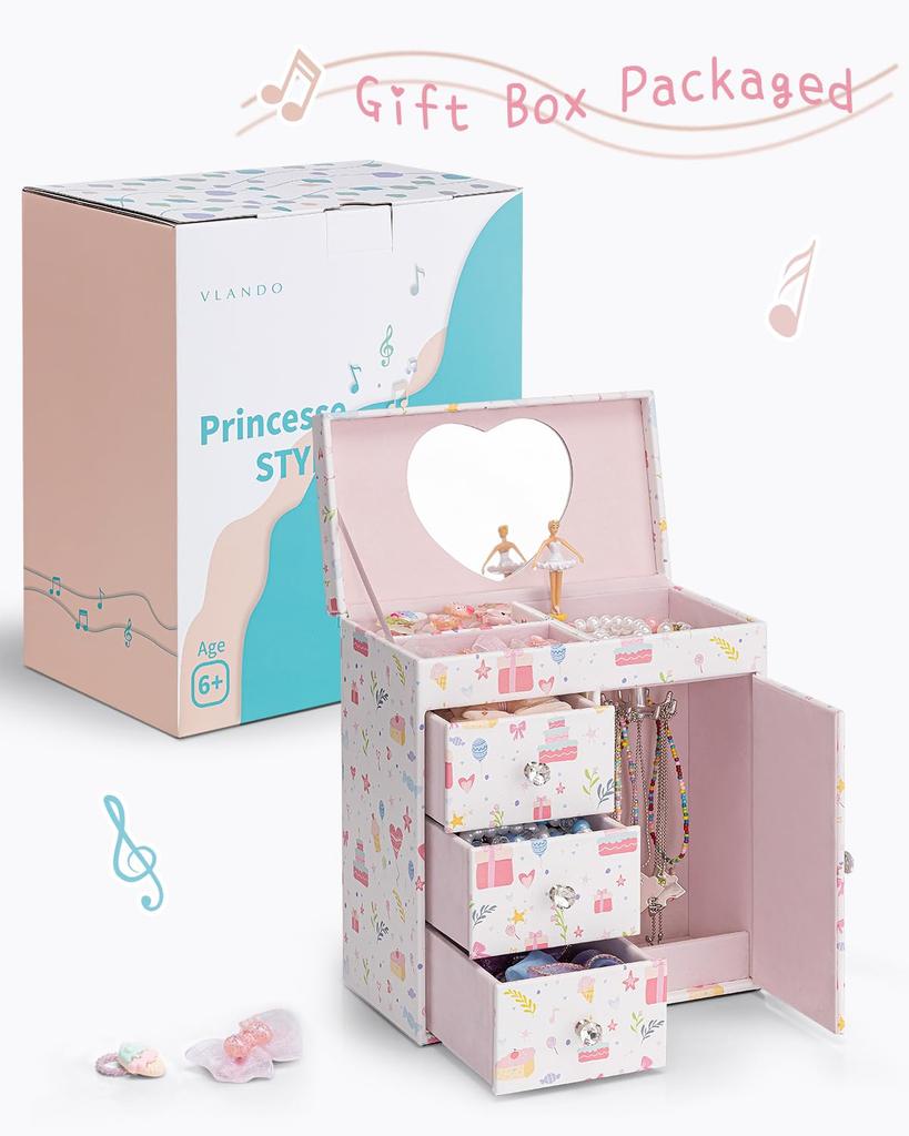 Vlando Musical Jewelry Box with Large Perfect for Ballet or Princesses Mirror, Capacity, 3-Drawer, Daughters, Recitals,