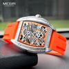 MEGIR Mode Orange Mechanische Uhr Herren Luxus Sport Wasserdicht Analog Automatisch Armbanduhr mit Silikonarmband Tonneau Zifferblatt