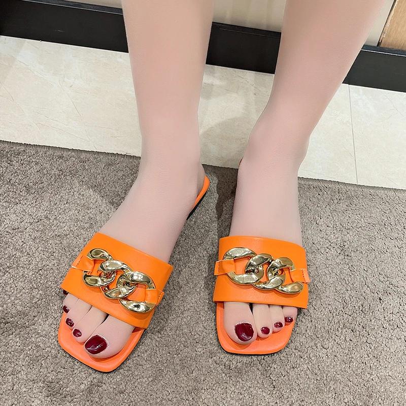 Fashion New Chain Women Slippers Summer Slippers Low Heel Women's Sandals Indoor Bathroom Outdoor Walk Fashion Show Plus Size 35-42