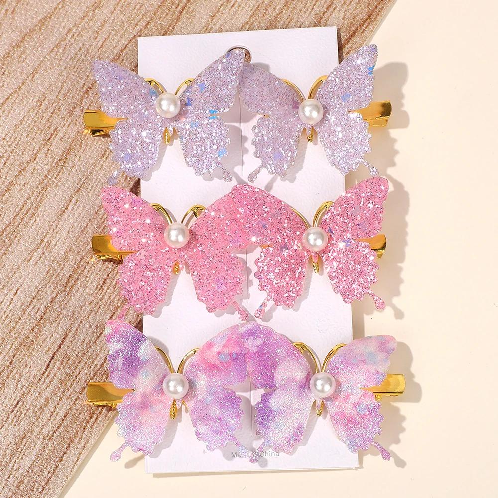 6Pcs Korean Style Sequin Butterfly Hair Clip Pearl Metal Bow Hair Bangs Hairgripes Women Girl Fashionable Hair Accessories