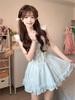 French cute girlish super fairy blue lace square neck suspender dress women's new puffy skirt