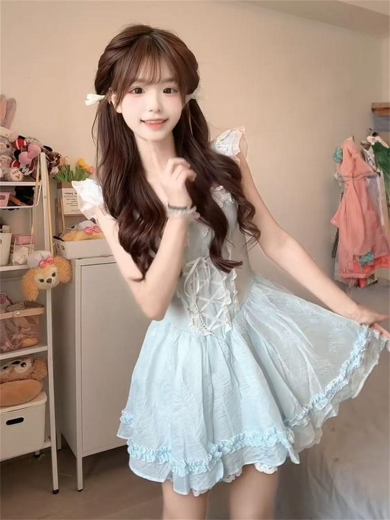 French cute girlish super fairy blue lace square neck suspender dress women's new puffy skirt