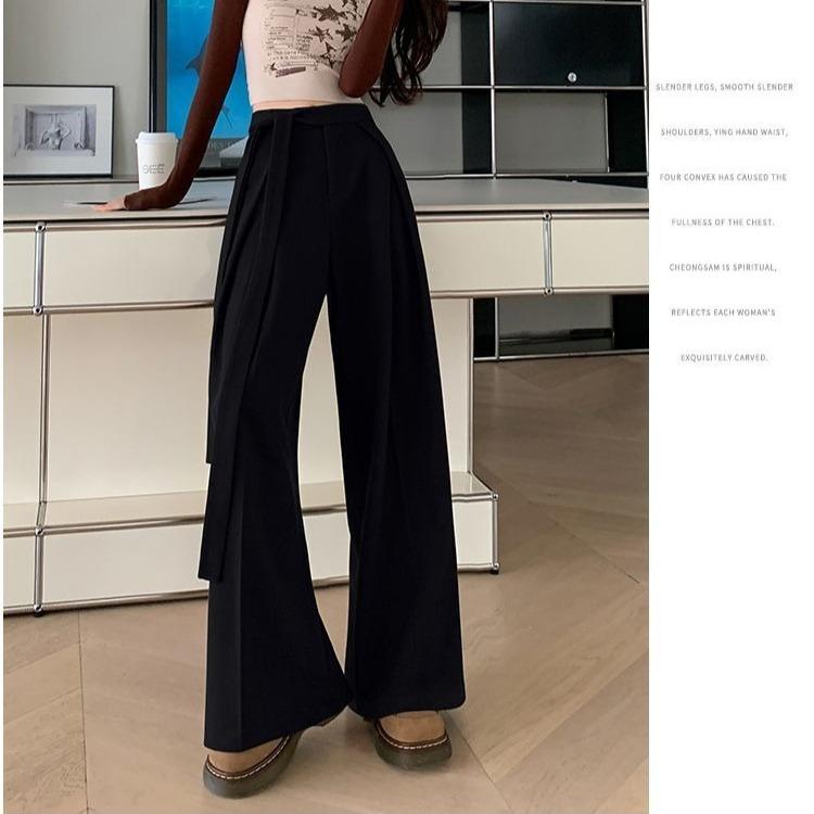 High Waist Wool Trousers Women Loose Casual Wide Leg Winter Tie Waist Design Long  Pants