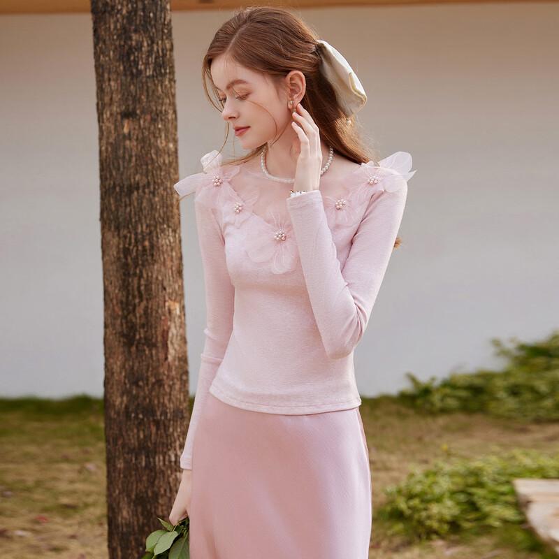 Bailuyu Sweet Big Flower Beaded Mesh Splicing Long Sleeve T-Shirt XL