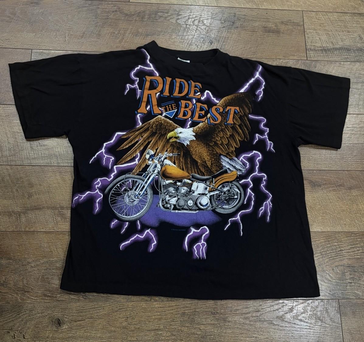 Vintage 90s American Thunder Ride The Best AOP Lightning Biker Graphic Tee XL Unisex T-Shirt S