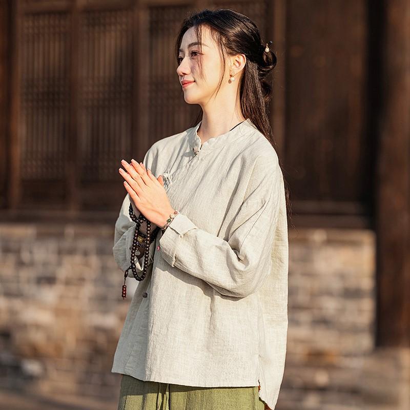 Johnature Women Vintage Shirts Tops Stand Long Sleeve Spring Blouses Button Solid Color Chinese Style Shirts