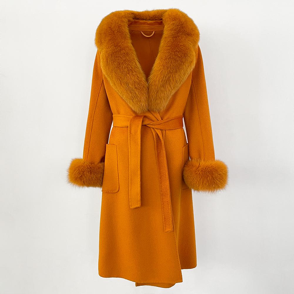 MENINA New  Autumn Winter Fashion 100% Wool Water-Corrugated Woolen Coat with Detachable Fox Fur Collar Women Daily Casual Wear