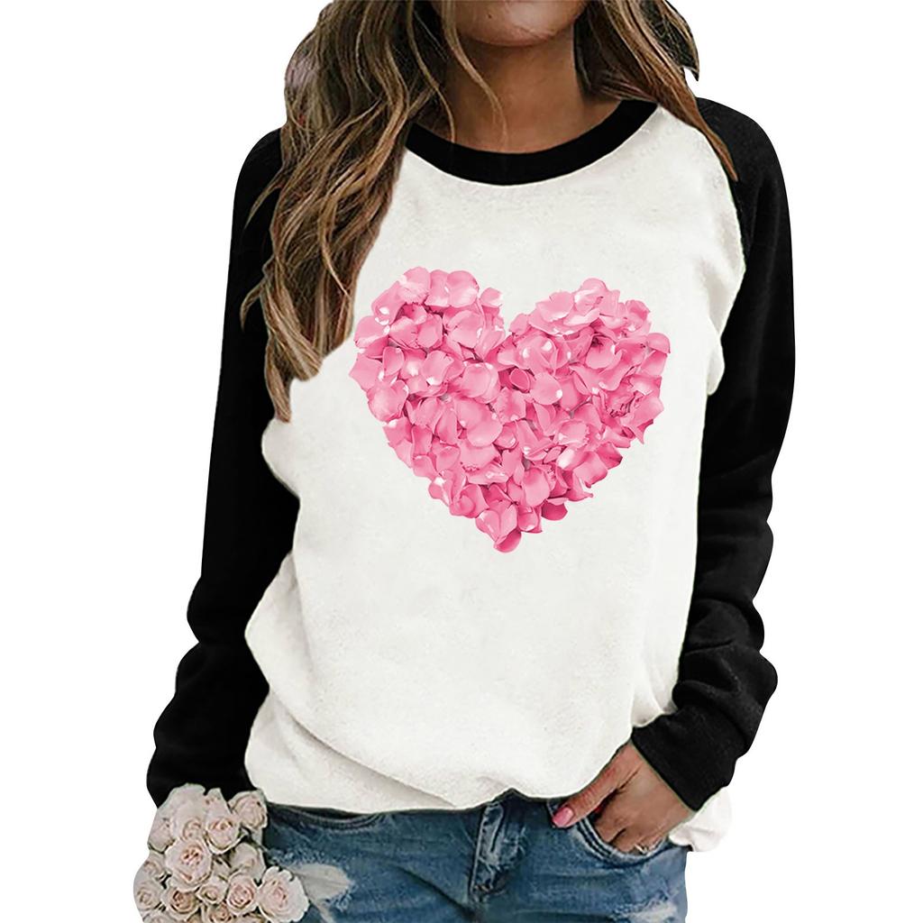 Ladies Casual Valentine's Day Print Round Neck Color Block Long Sleeve Pullover