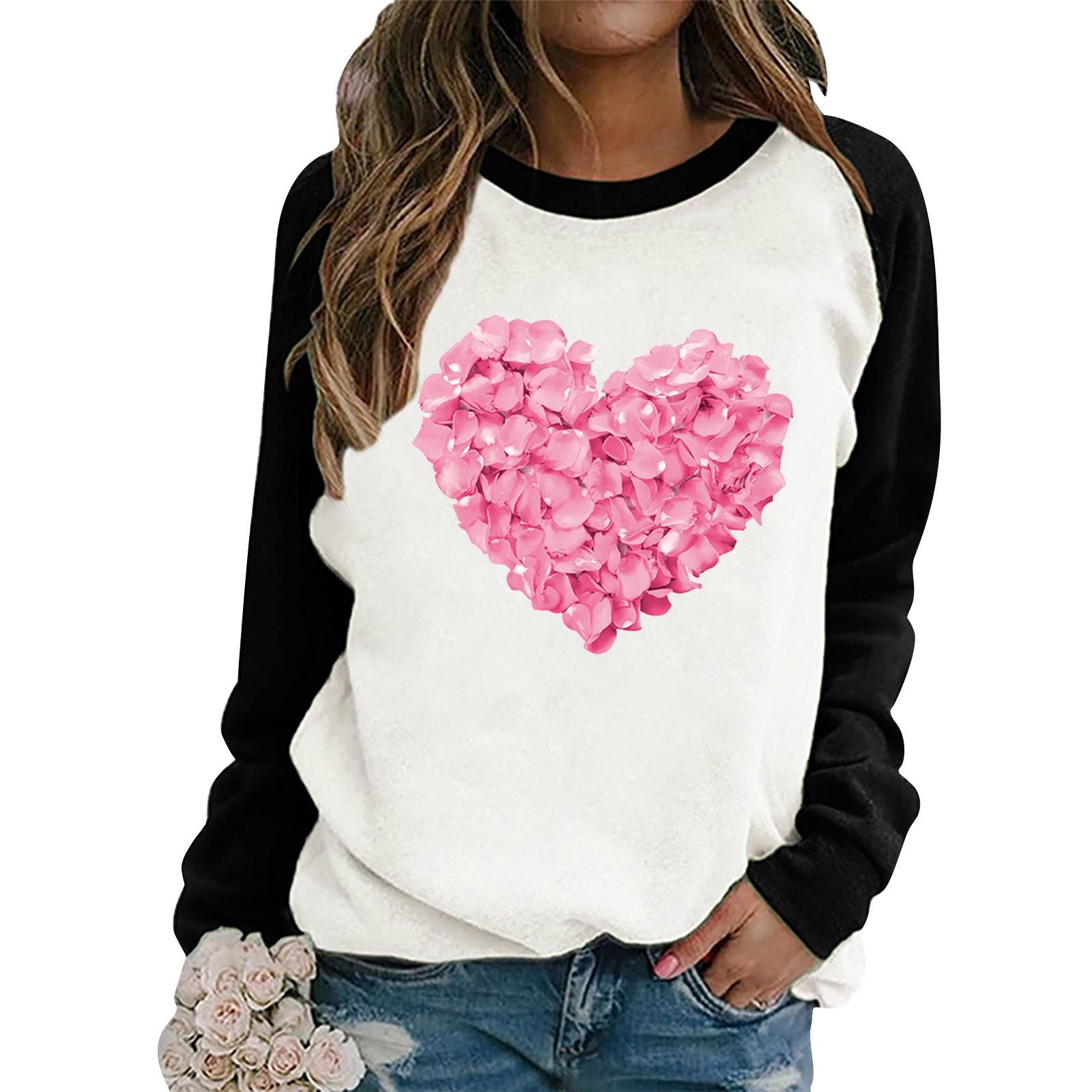 

Ladies Casual Valentine s Day Print Round Neck Color Block Long Sleeve Pullover XXL чорний