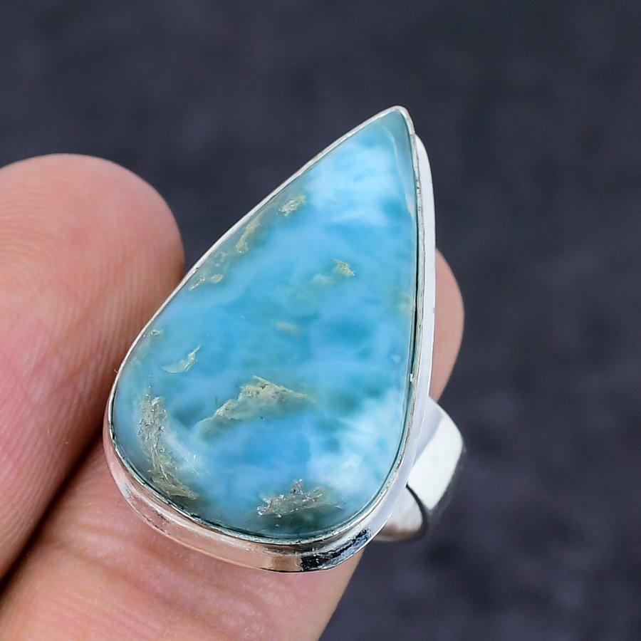 Natural Larimar Gemstone Handmade 925 Sterling Silver Jewelry Ring Size 9 U8J28