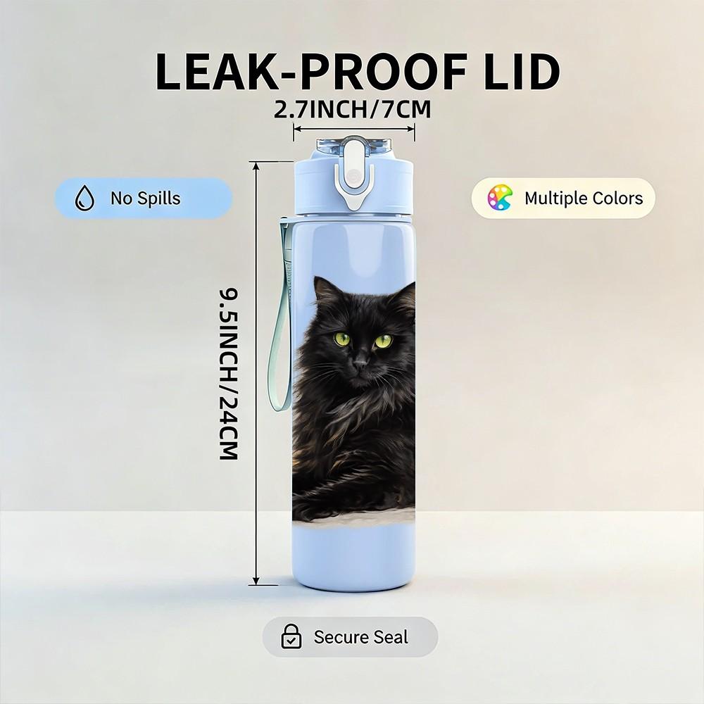 1PC Black Long Hair Cat Portrait Print 750ml Color Plastic Sports Water Bottle Leakproof Flip Straw Lid Suitable for Sports Office Home Use