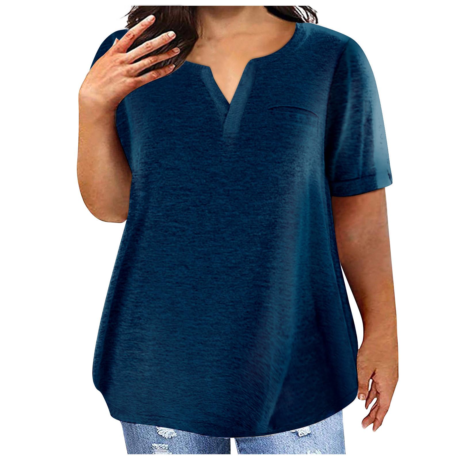 

Fashion Plus Size Women s Casual Short Sleeve Round Neck Gradient Print T-shirt With Pockets XL тёмно-синий