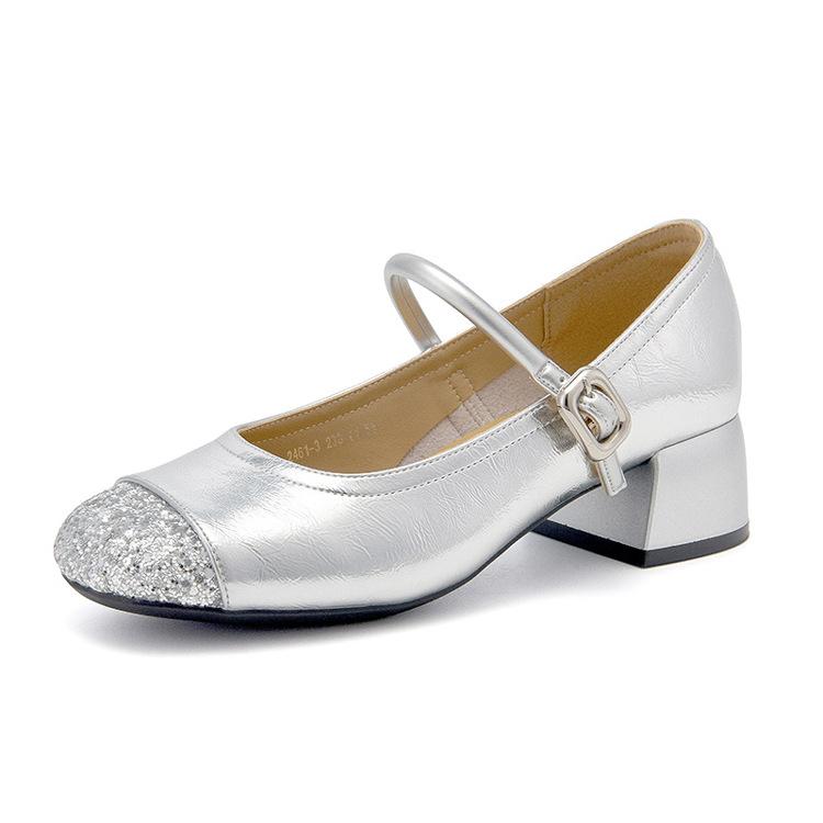 Sheepskin one-word buckle thick heel shallow mouth single shoes new bright diamond splicing middle heel Mary Jane small leather shoes