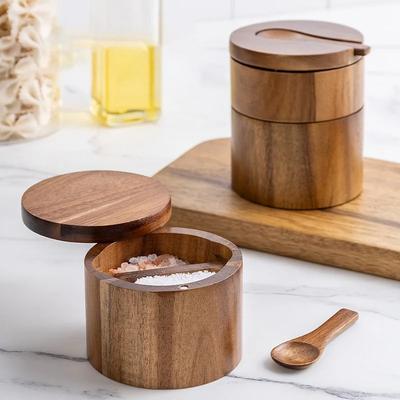 Acacia Wood Salt Tank Seasoning Box Pepper Box With Magnetic Rotating Lid Kitchen Storage Spice Jar Seasoning Bottle Salt Box