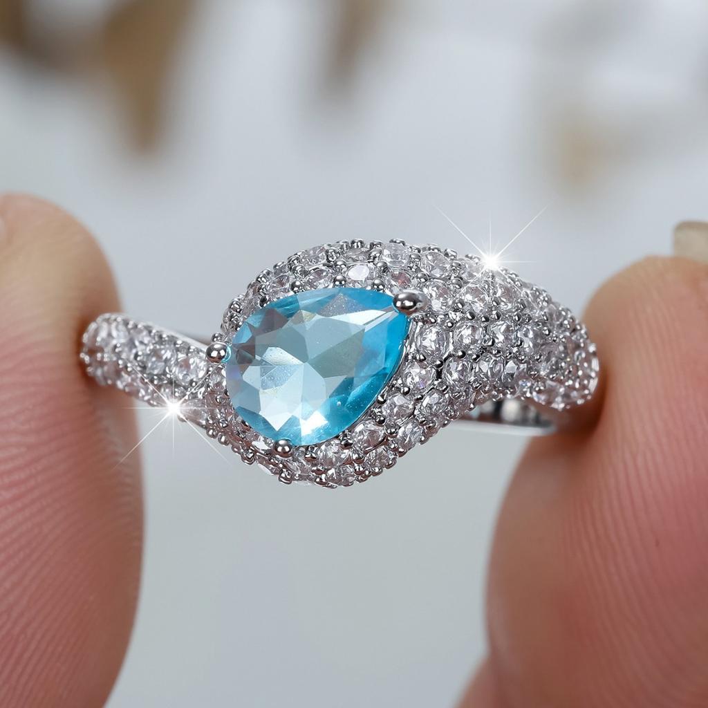 Ins Burst Full of White Diamond Water Drop Sea Blue Zircon Ring, Shining Exquisite Temperament Ring