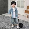 2026 Boys' Summer Silent Fashion Denim Short-Sleeve Shirt and Tie Two-Piece Set