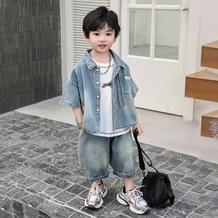 2026 Boys' Summer Silent Fashion Denim Short-Sleeve Shirt and Tie Two-Piece Set