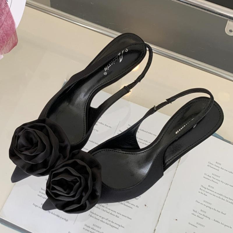

Модные Элегантные Туфли-лодочки из Атласа с Острым Носком, с Цветком на Спине и Открытой Пяткой, Летняя Модная Обувь для Женщин на Высоком Каблуке, Свадебные Туфли 35 чёрный