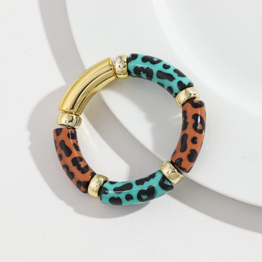 Leopard Colorful Bamboo Curved Tube Bracelets for Women Men Punk Resin Thick Beaded Elastic Stackable Bangles Retro Jewelry Gift