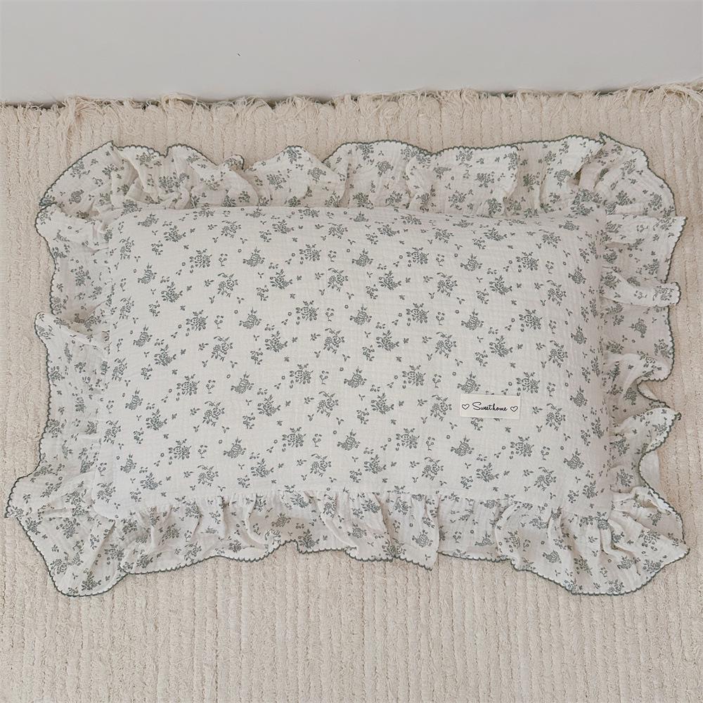 Small Floral Ruffle Lace Double Layer Cotton Gauze Pillowcase for Kindergarten
