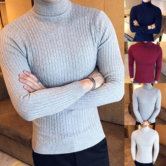 Casual Men Winter Solid Color Turtle Neck Long Sleeve Twist Knitted Slim Sweater