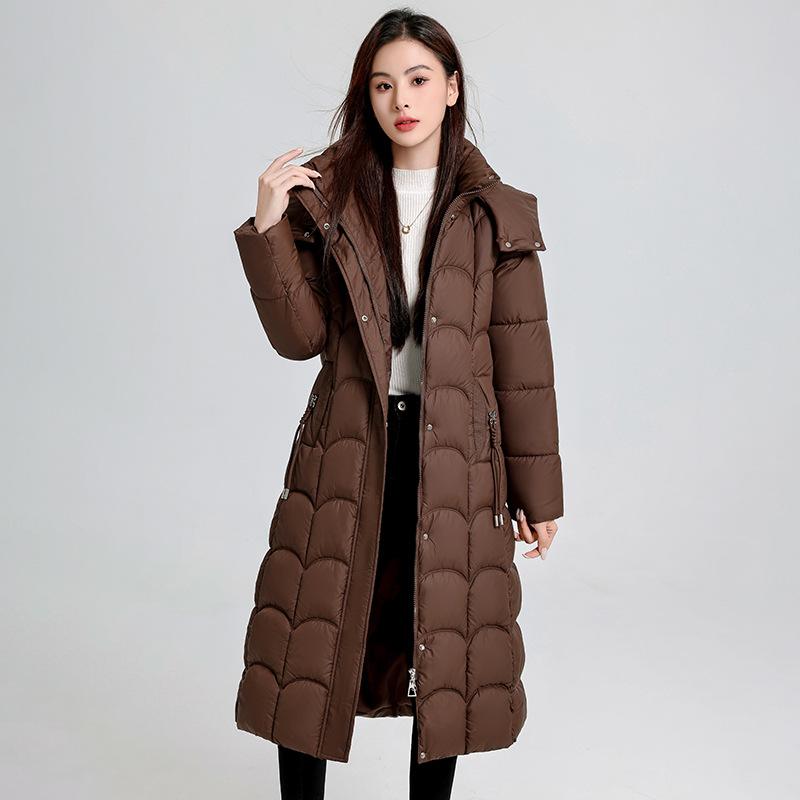 

2025 новый хлопковый костюм женский длинный зимний стеганый жакет длиной до колена приталенный стройнящий большого размера теплая хлопковая куртка XXXXL кофейный