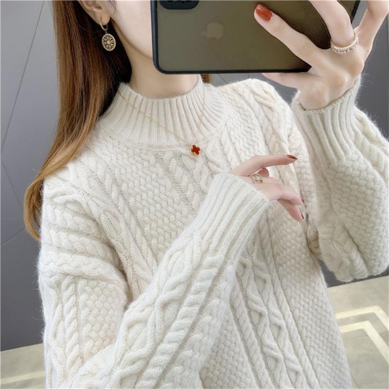 Autumn and Winter New Solid Color Semi-turtleneck Pullover Sweater with Women's Thickened Loose and Thin Bottom Knitted Sweater