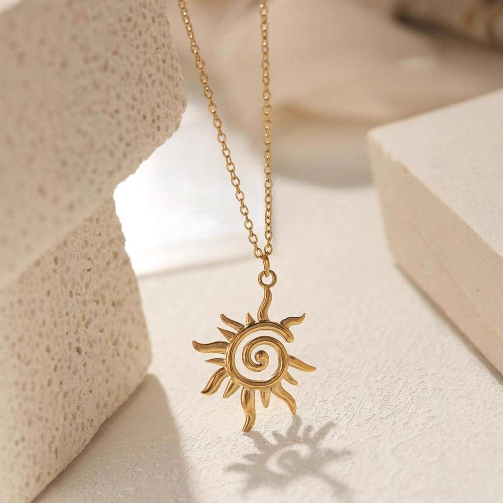 Gold Spiral Sun Pendant Necklace Boho Celestial Jewelry for Women