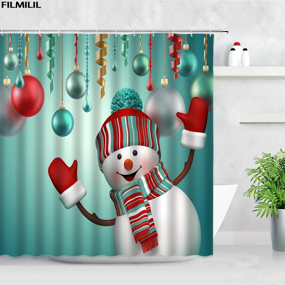 

Funny Christmas Snowman Shower Curtains Skiing Winter Forest Color Xmas Ball Gift New Year Bathroom Decor Bath Curtain Set Hooks 90x180cm-35x70in