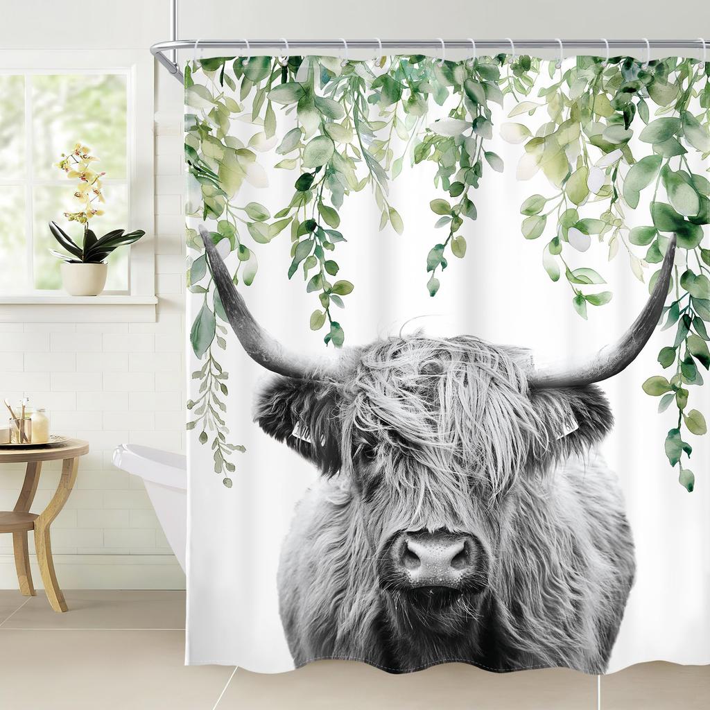 Highland Cow Shower Curtain Rustic Bull Western Farmhouse Cattle Country Restroom Accessories Funny Farm Animal Bathroom Decor