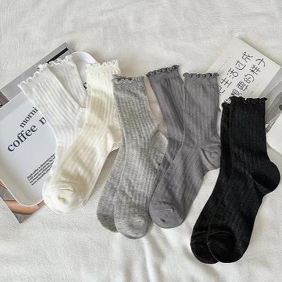 Hollow Out Lace Mesh Socks for Women Ear Edge Pleated Mid-tube Breathable Lightweight Loose Socks Casual Sweety Fashion Stocking