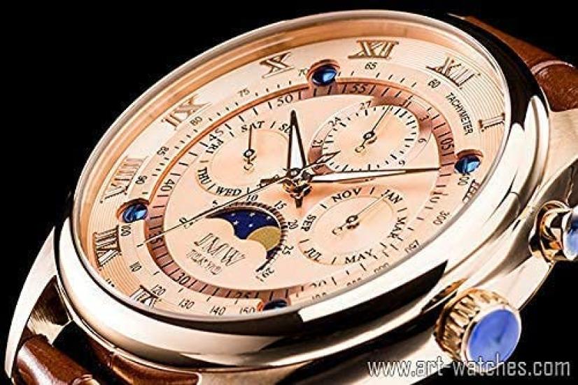JMW TOKYO Men's Moon Phase Watch with Japanese Movement, 100m Water Resistance, Genuine Leather Strap, Roman Numerals (Pink Gold) [Limited to 300