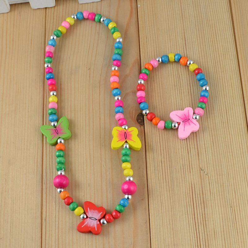 TopHanqi Girls Zircon Sets Cute Animal Butterfly Wood Beads Necklace Bracelet Set For Kids Children Girls Birthday Party Gift