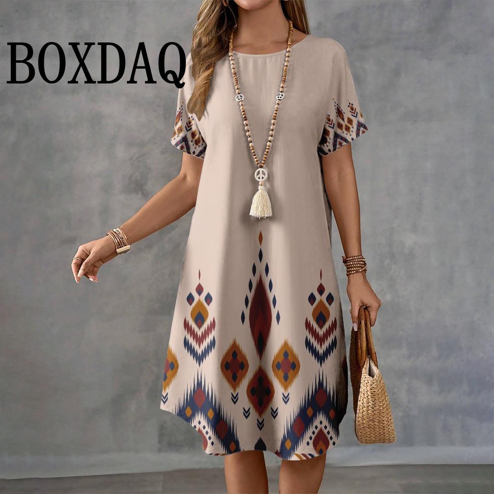 

2025 Ретро Этнический Принт Повседневный Женский O-образный Вырез Платье Длиной До Колена Летняя Мода Элегантные Женские Платья А-силуэта 8XL