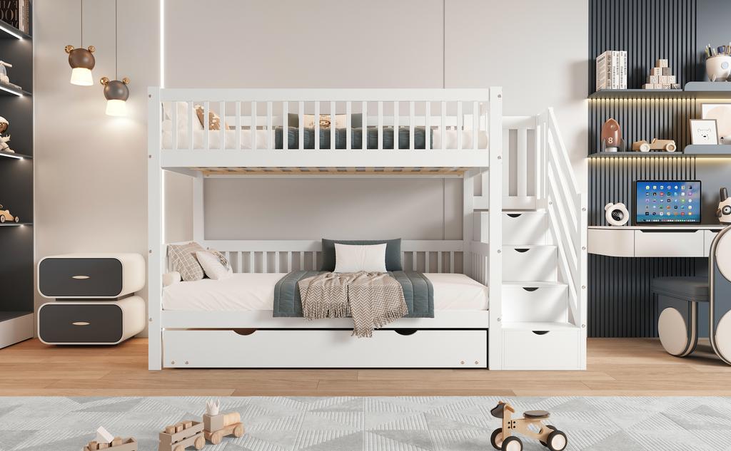 [53133456WAA]Etagenbett mit Ausziehbett, Schrank mit Leiter und Handlauf, Absturzsicherung an allen Seiten, Kiefer+MDF, Weiß, 90x200/190cm