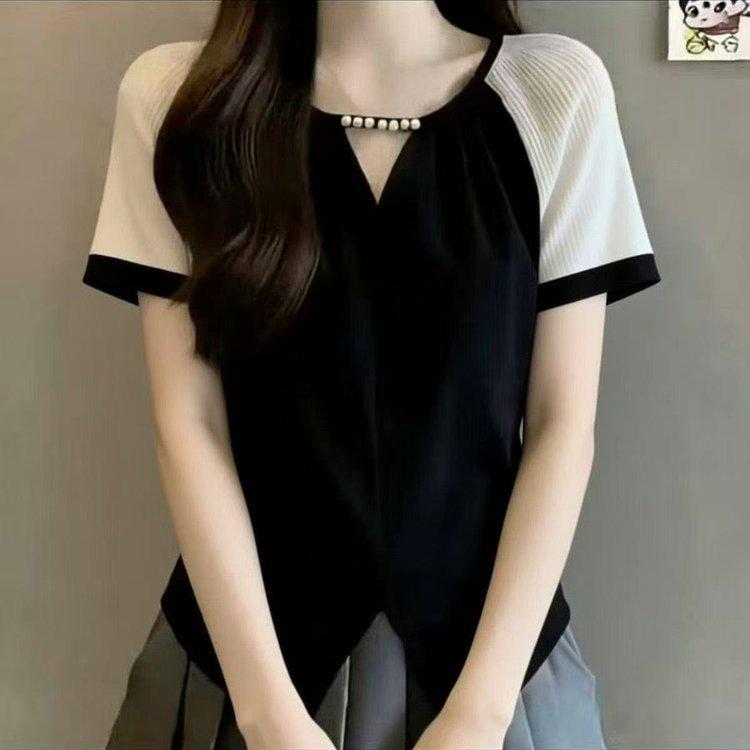 

2026 Summer Color Block Patchwork Short Sleeve T-Shirt - Chic & Age-Reducing Fashion 5XL (150-160 lbs) чёрный